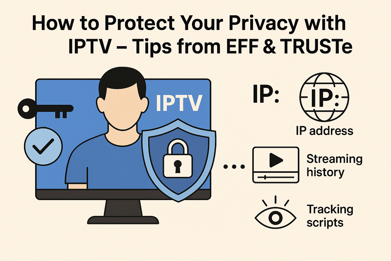 Infographic showing IPTV privacy protection tips like VPN, IP hiding, secure streaming, based on EFF & TRUSTe guidance