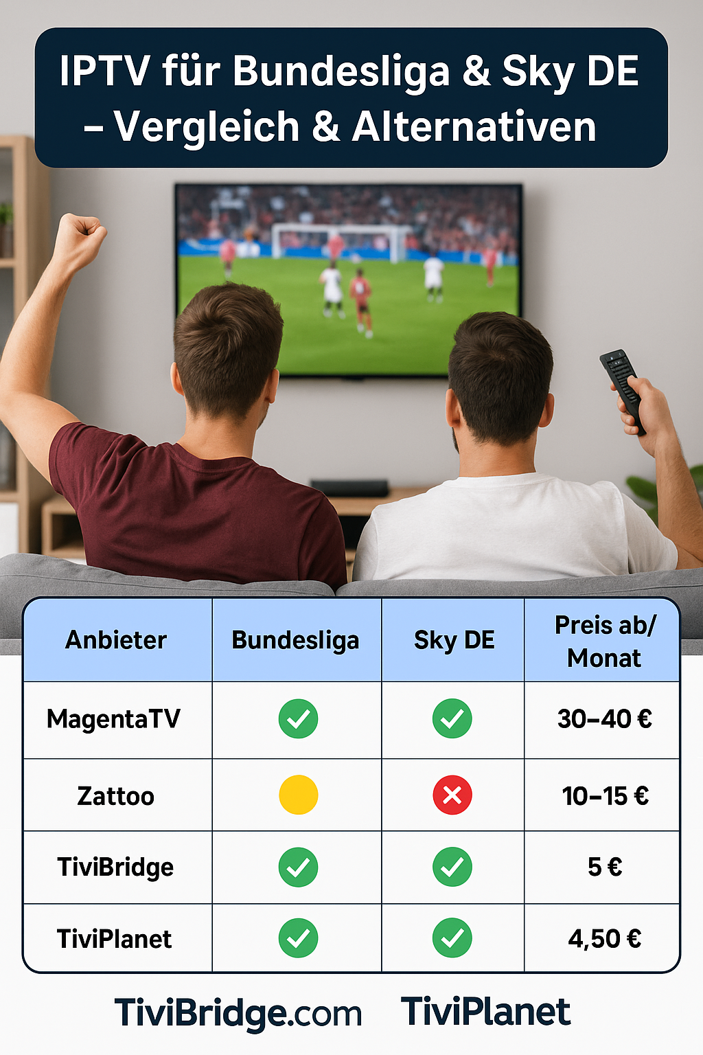 Zwei Männer schauen Bundesliga über IPTV, darunter Vergleichstabelle mit MagentaTV, Zattoo, TiviBridge, TiviPlanet
