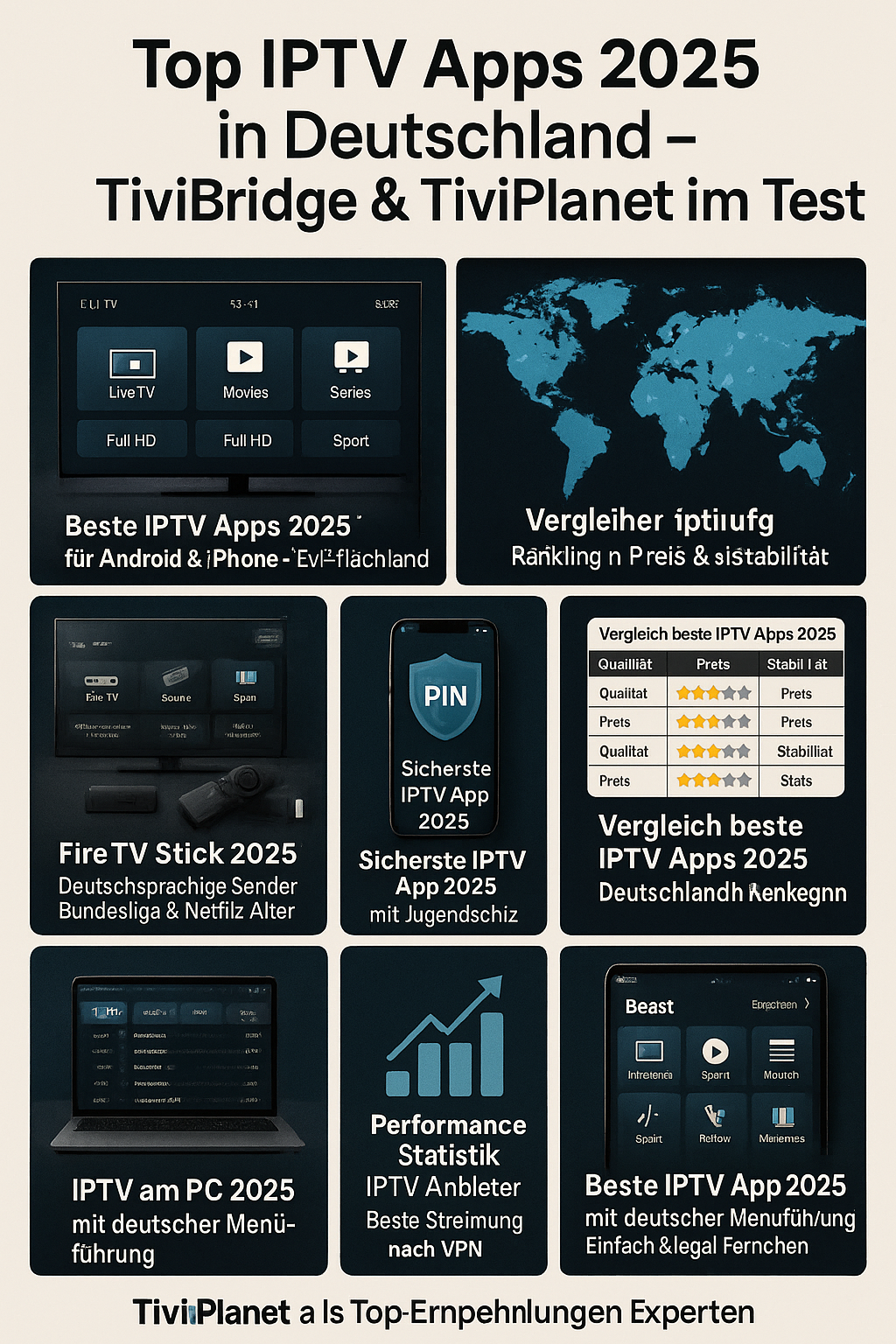 Die besten IPTV Apps 2025 für Deutschland, getestet auf Smart TV, Firestick, Android, iPhone, PC und Mac. IPTV Apps mit HD & Full HD Live-TV, internationale Sender, Bundesliga, Serien & Filme, komplett auf Deutsch. Legal & stabil, mit Jugendschutz, deutscher Benutzeroberfläche und ultraschneller Ladezeit. TiviBridge & TiviPlanet als Top-Empfehlung laut Experten. Zugriff weltweit ohne VPN. Vergleich der besten IPTV Anbieter 2025 mit Bewertung nach Preis, Qualität, Server-Stabilität und Nutzerfreundlichkeit.