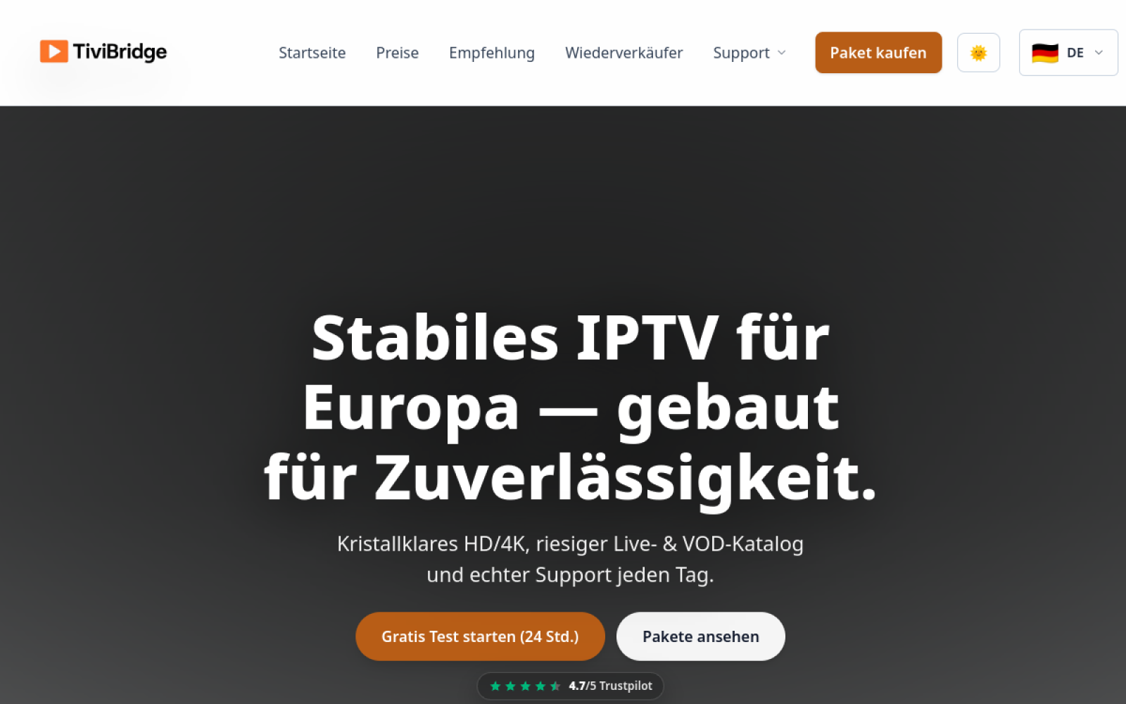 TiviBridge – IPTV Anbieter Deutschland 2026 im Vergleich TiviBridge im IPTV Anbieter Vergleich Deutschland 2026: Startseite, Sender, 4K-Qualität, Geräte und 24-Stunden-Test