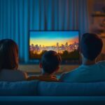 Familie sitzt gemeinsam auf dem Sofa vor einem Fernseher