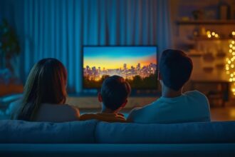 Familie sitzt gemeinsam auf dem Sofa vor einem Fernseher
