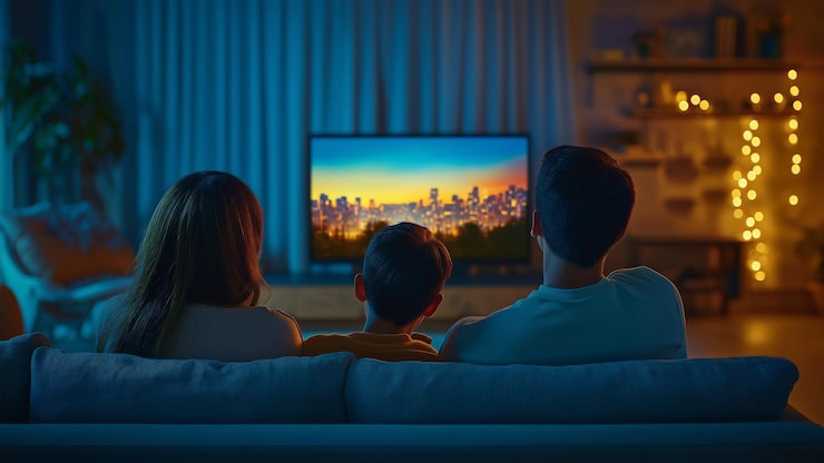 Familie sieht gemeinsam auf dem Fernseher fern