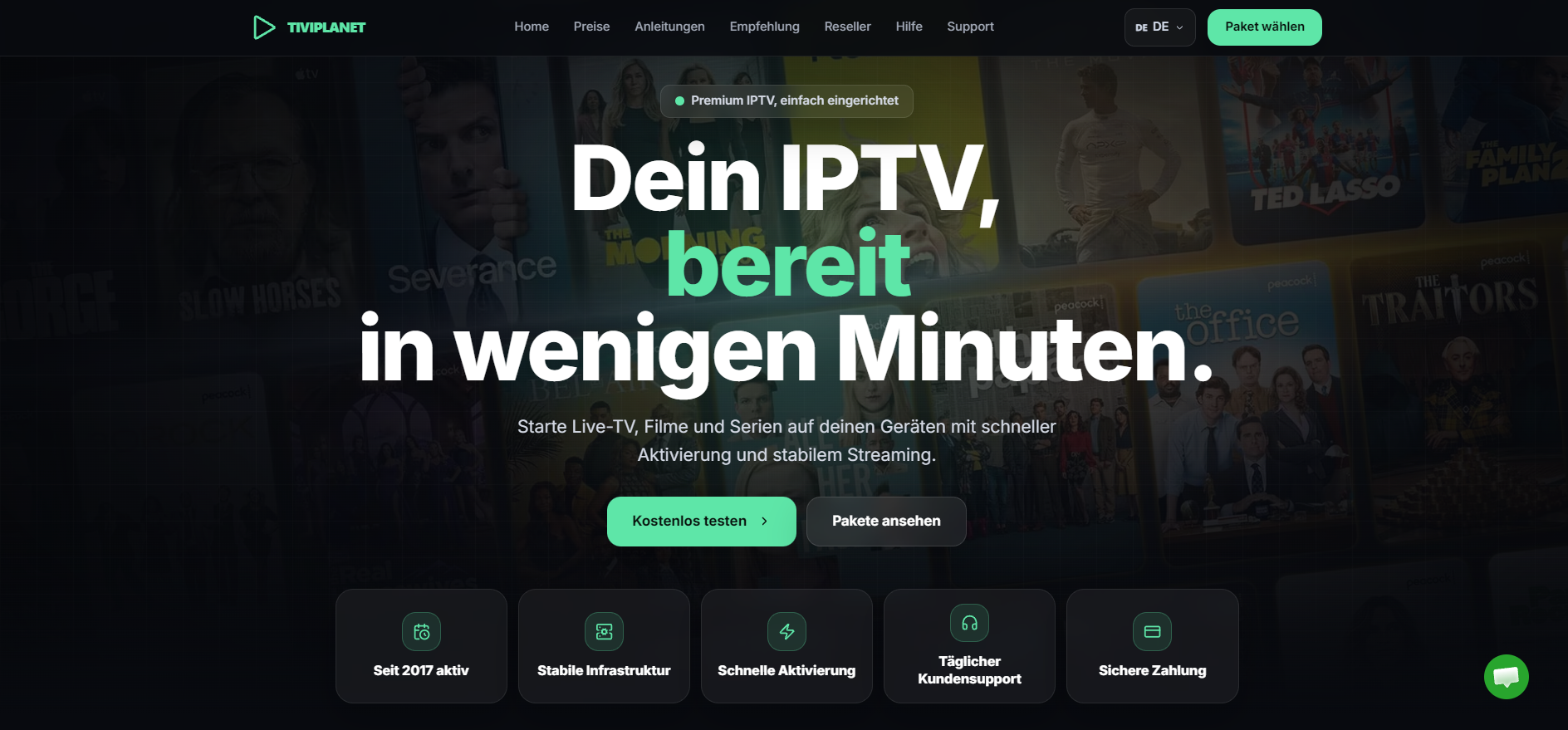 Startseite von TiviPlanet mit Navigation zu Preisen, Anleitungen und Testzugang