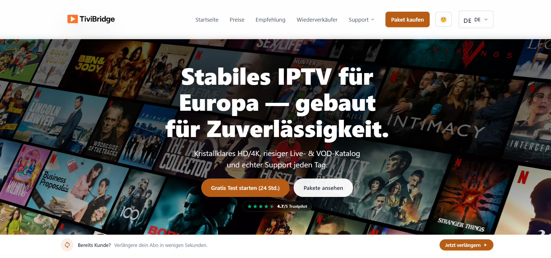 Startseite von TiviBridge auf bridge-tv.com mit Tarifnavigation und Testangebot