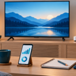 Fernseher und Router neben einem Smartphone mit Verbrauchsdiagramm, Notizbuch und Taschenrechner