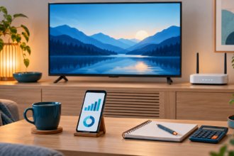 Fernseher und Router neben einem Smartphone mit Verbrauchsdiagramm, Notizbuch und Taschenrechner