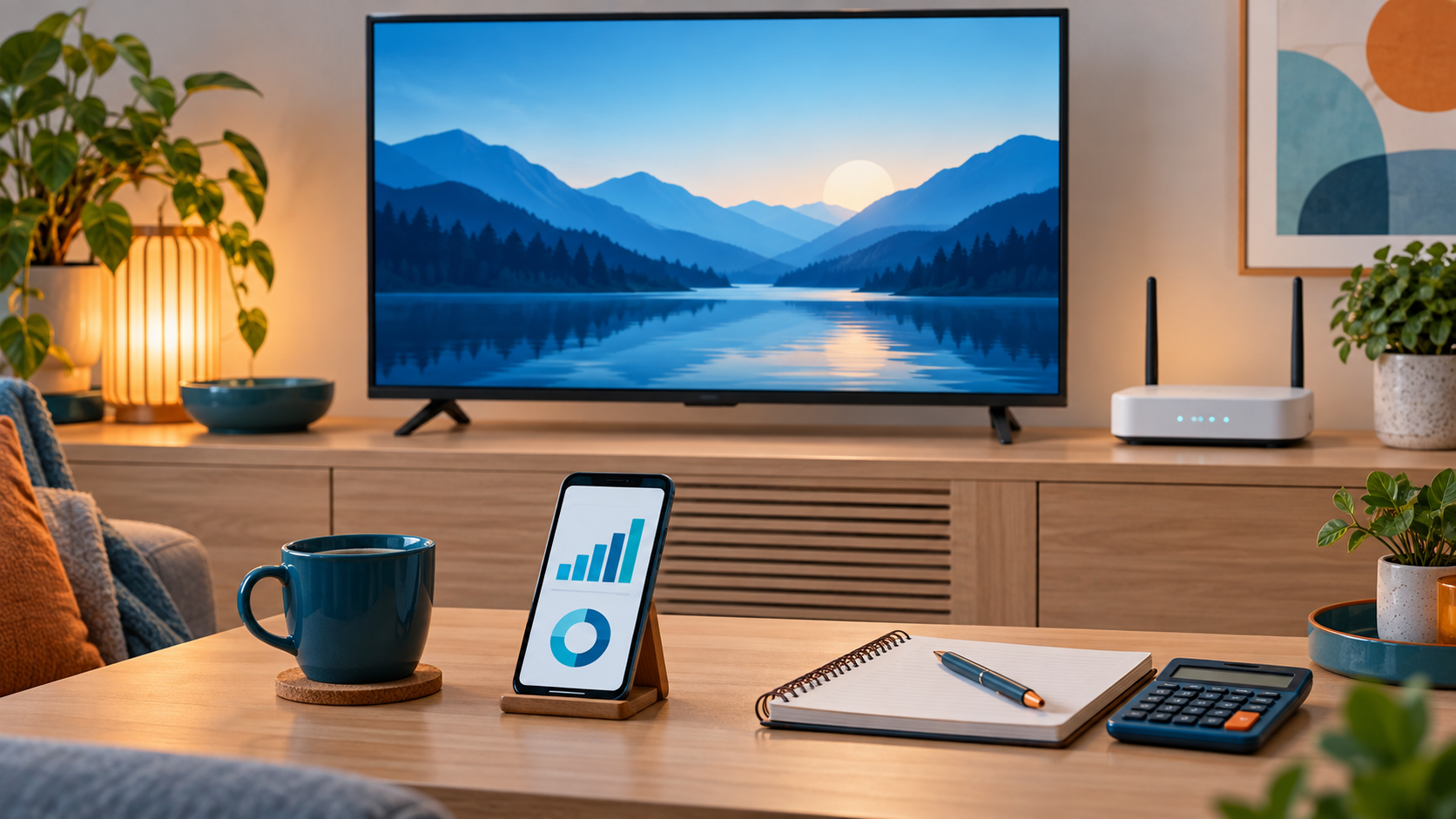 Fernseher und Router neben einem Smartphone mit Verbrauchsdiagramm, Notizbuch und Taschenrechner