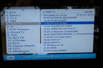IPTV-EPG auf einem Fernseher mit Senderliste und Sendezeiten