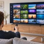 IPTV auf Apple TV einrichten: Person wählt eine Senderübersicht auf dem Fernseher