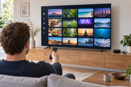 IPTV auf Apple TV einrichten: Person wählt eine Senderübersicht auf dem Fernseher