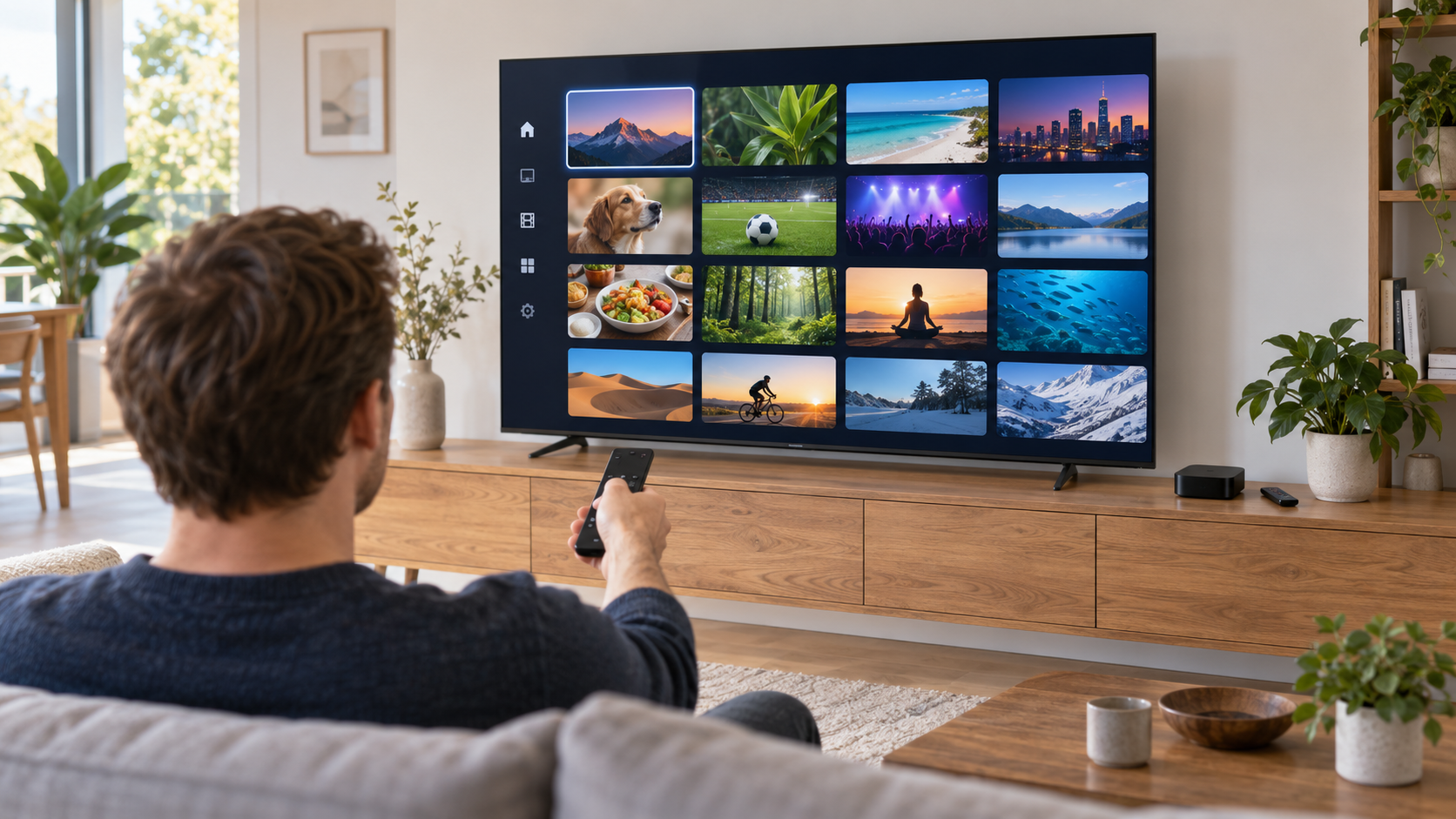IPTV auf Apple TV einrichten: Person wählt eine Senderübersicht auf dem Fernseher