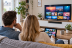IPTV auf mehreren Geräten: Zwei Personen sehen Fernseher und Tablet mit Videoübersichten