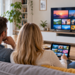 IPTV auf mehreren Geräten: Zwei Personen sehen Fernseher und Tablet mit Videoübersichten