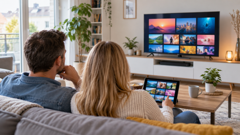 IPTV auf mehreren Geräten: Zwei Personen sehen Fernseher und Tablet mit Videoübersichten