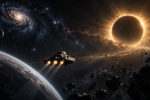 Project Hail Mary streamen: symbolische Illustration eines Raumschiffs vor einer verdunkelten Sonne